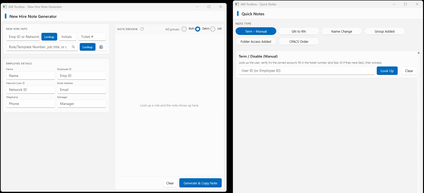 New Hire and Quick Notes tools
